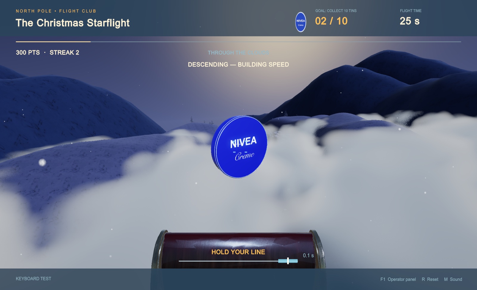 NIVEA tin above snowy mountains and clouds in the Christmas Starflight game prototype