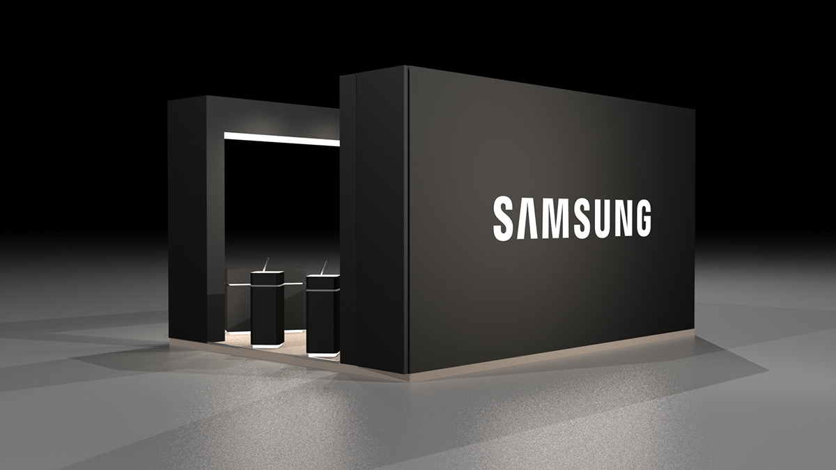 Samsung exhibition booth concept — black volume with backlit logo
